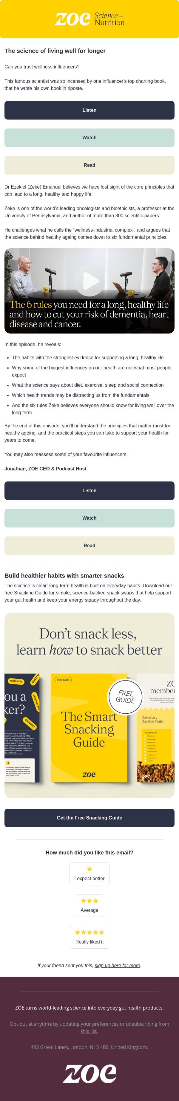The 6 habits that matter most for healthy ageing email from ZOE screenshot