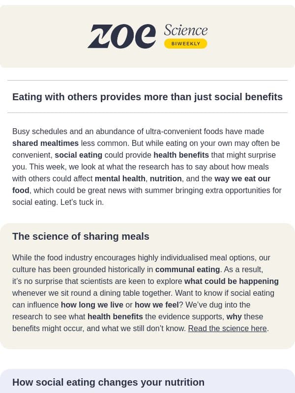 Sharing meals is caring for your gut email from ZOE