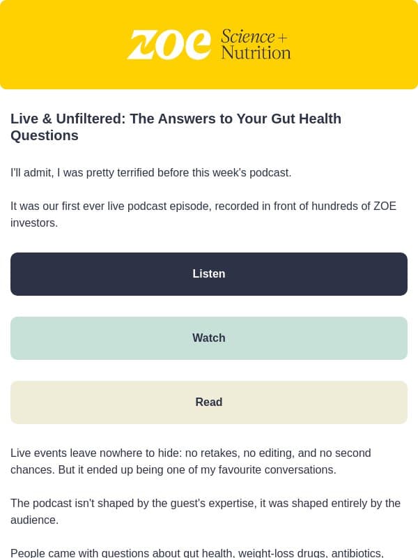 Our first-ever live podcast: your questions answered email from ZOE