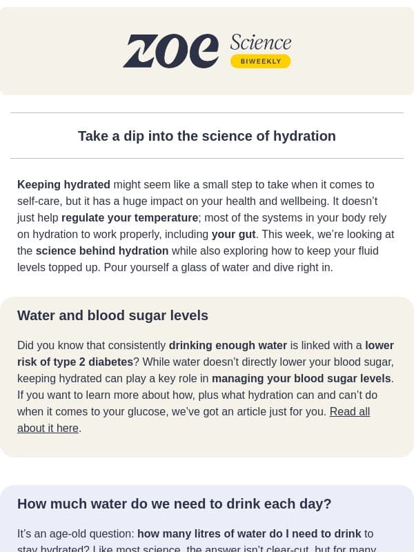 The real science of water and staying hydrated email from ZOE