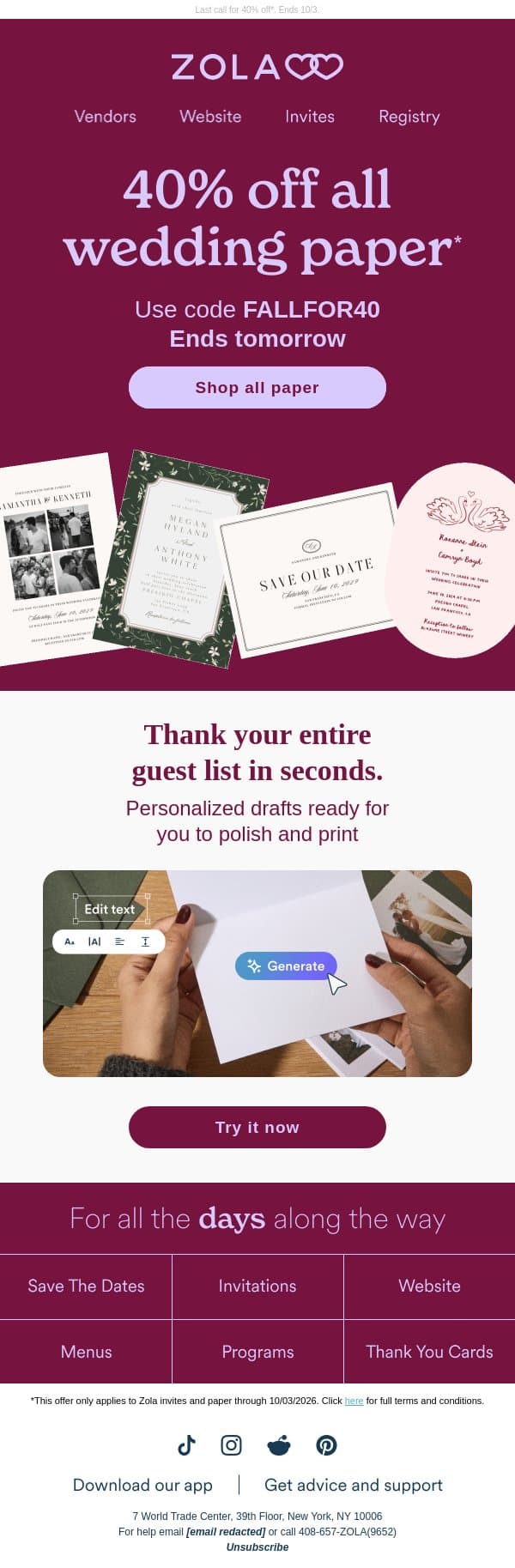 Don’t leaf your paper behind 🍁 email from Zola screenshot
