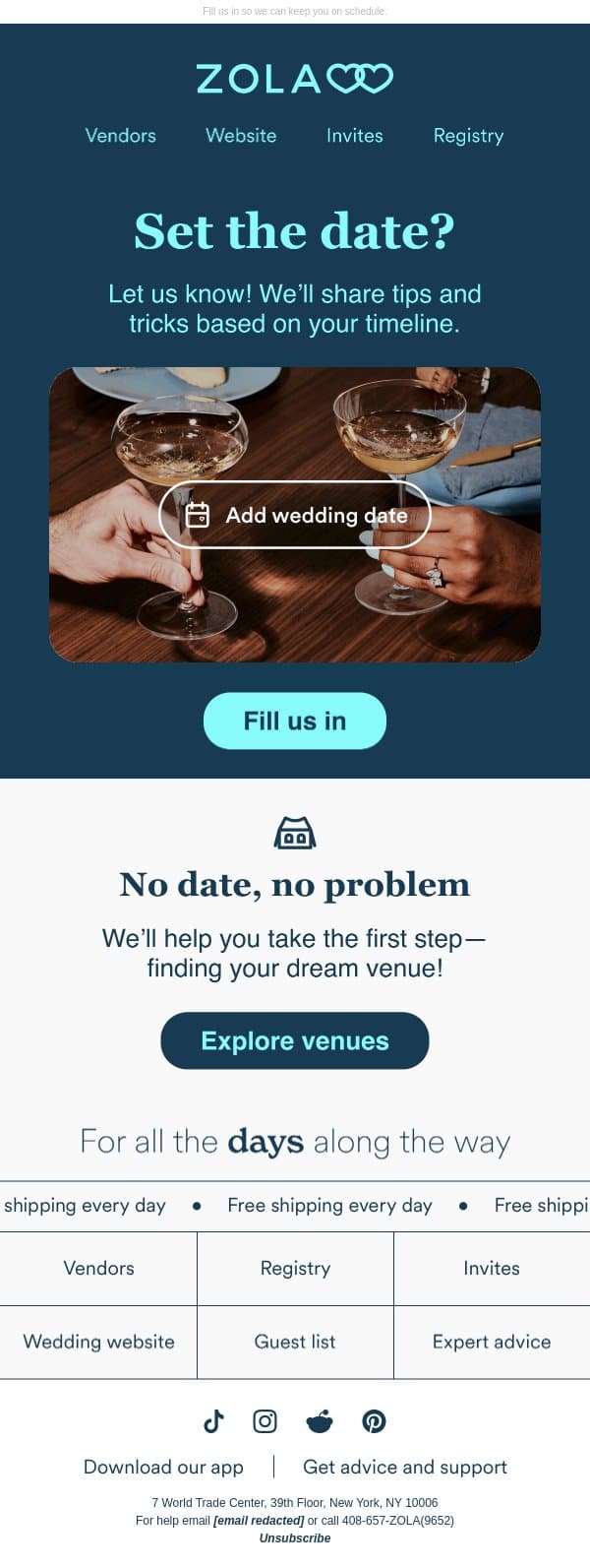 Have you two set the date? 🗓️ email from Zola screenshot