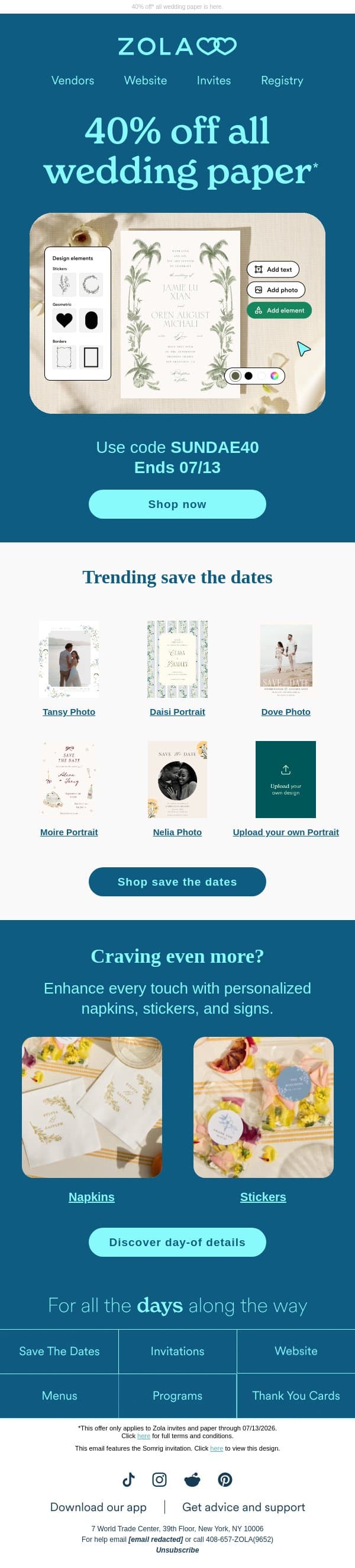 The sweetest summer sale 🍨 email from Zola screenshot