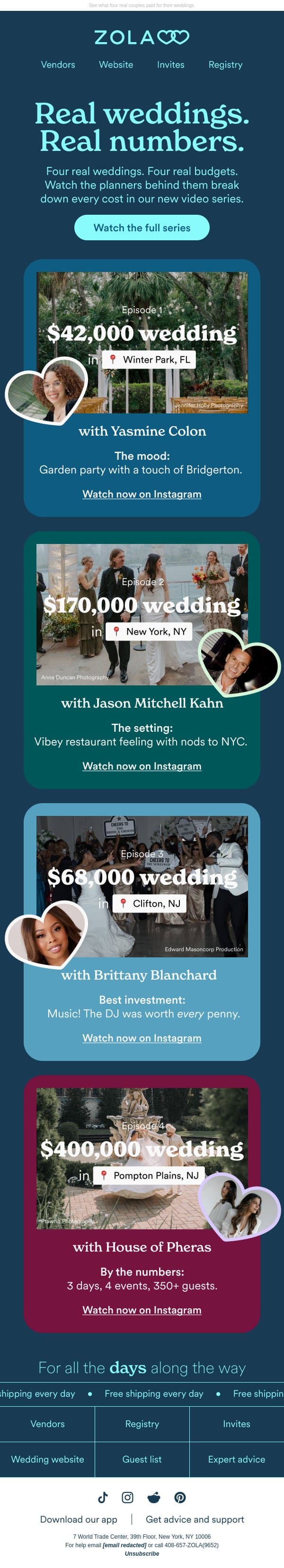 We asked 4 planners to show their receipts email from Zola screenshot