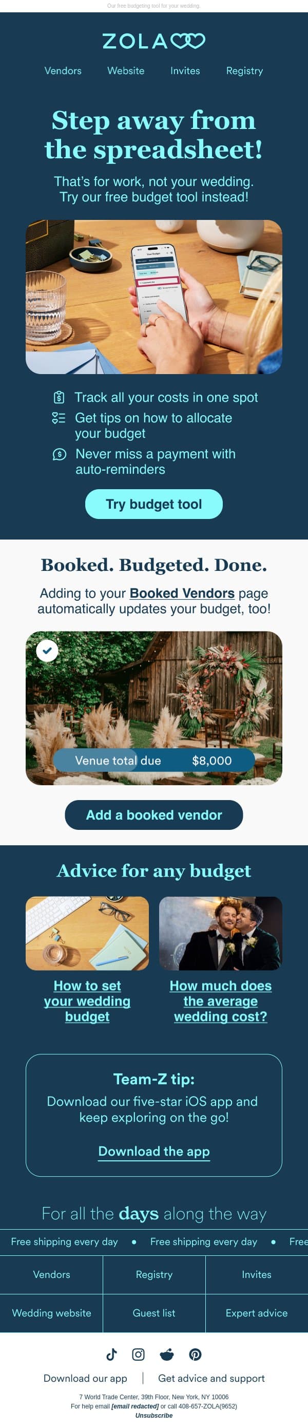 You know what’s not over budget? email from Zola screenshot