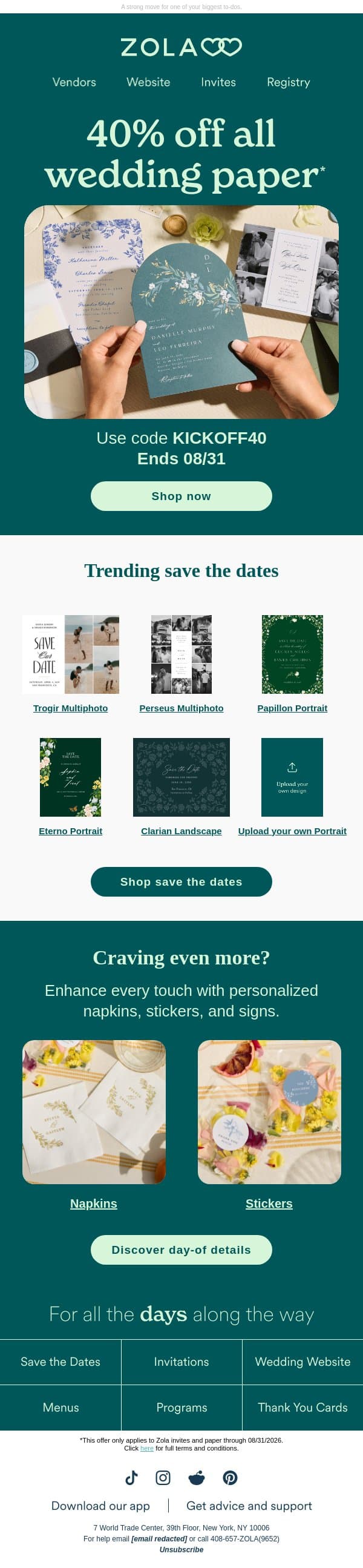 Game plan? Take 40% off* paper email from Zola screenshot