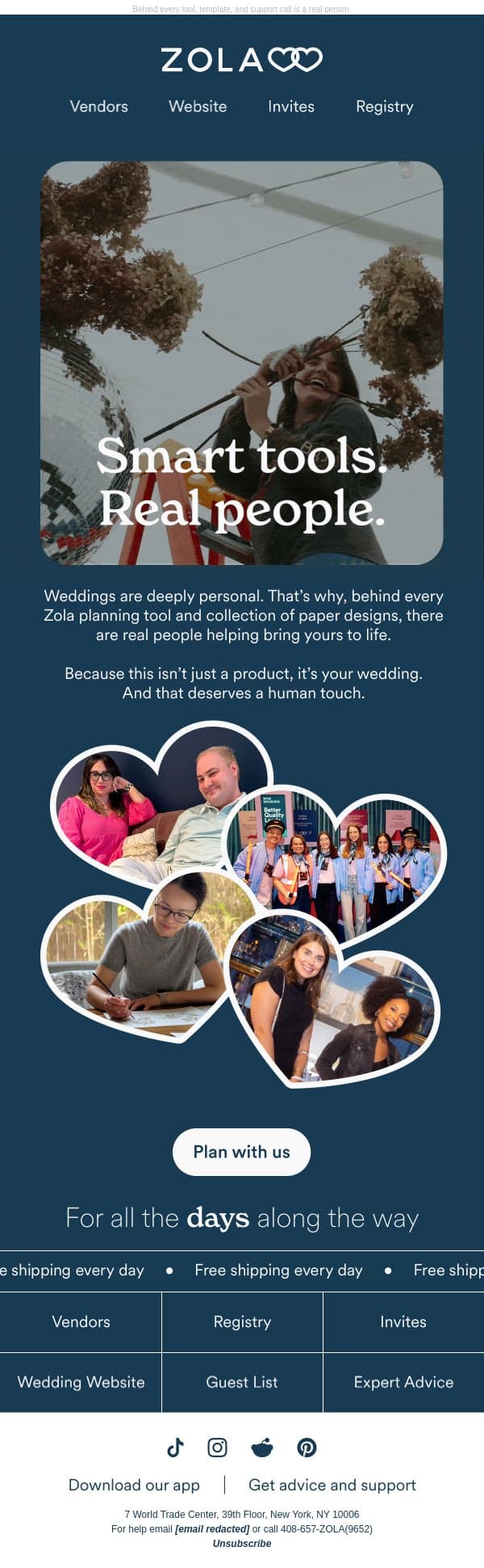 Weddings are human. So are we. email from Zola screenshot