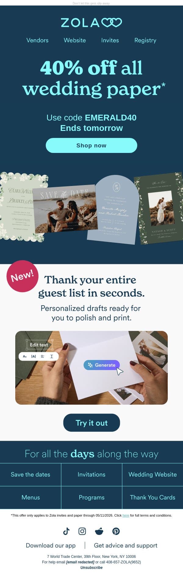 FINAL HOURS: 40% off all paper email from Zola screenshot