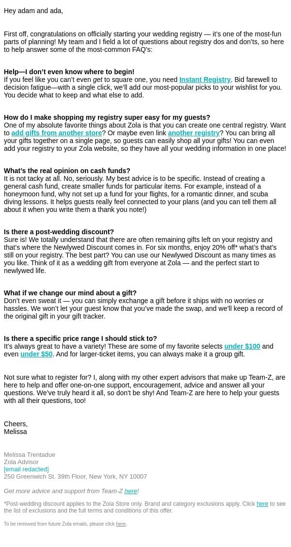 You’ve got questions, I’ve got the answers. email from Zola screenshot