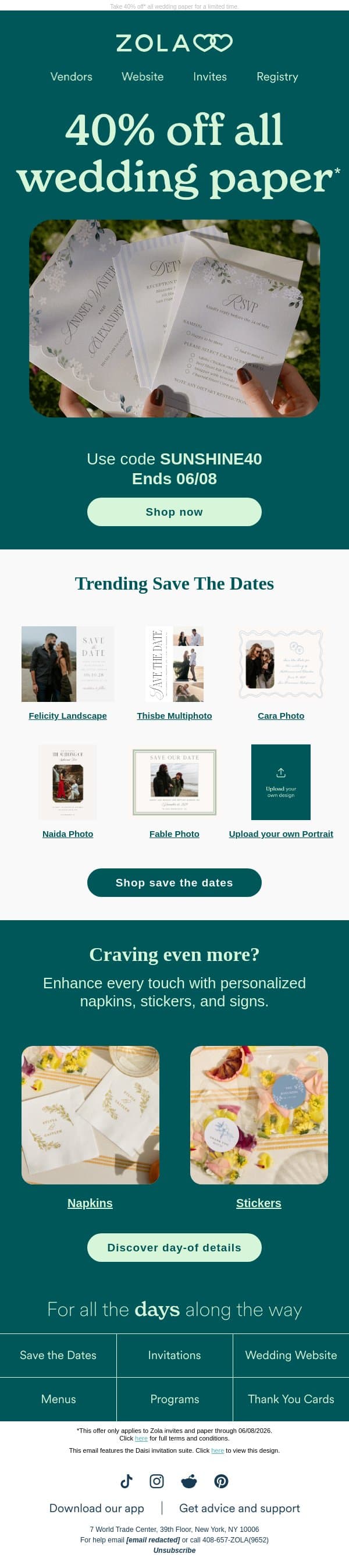 Longer days = more time to save 😎 email from Zola screenshot