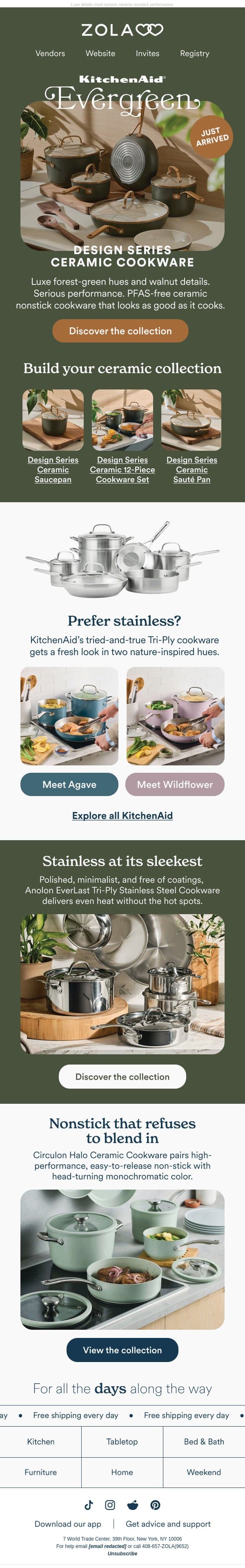 Just in: KitchenAid cookware in Evergreen email from Zola screenshot