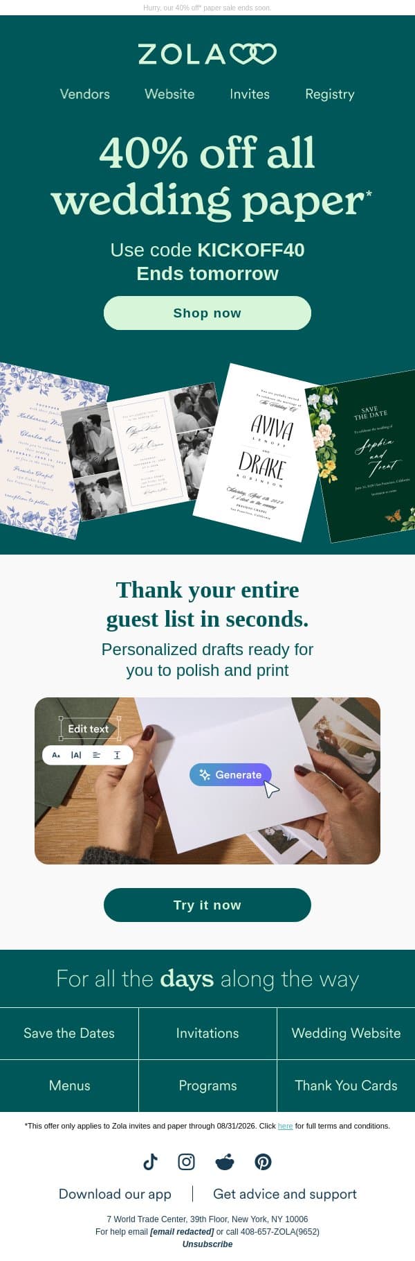 Clock’s running out! email from Zola screenshot