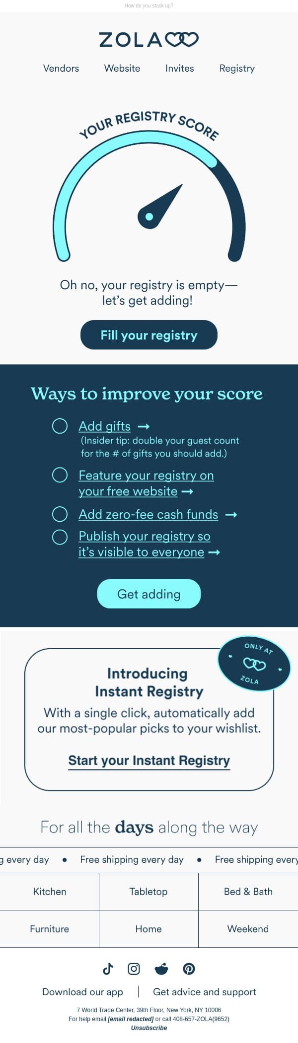 Incoming: Your Wedding Registry score email from Zola screenshot