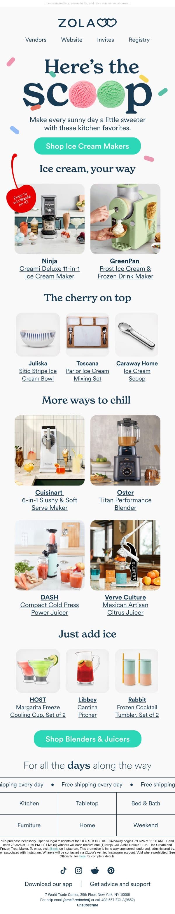 Treat yourself (and your kitchen) email from Zola screenshot