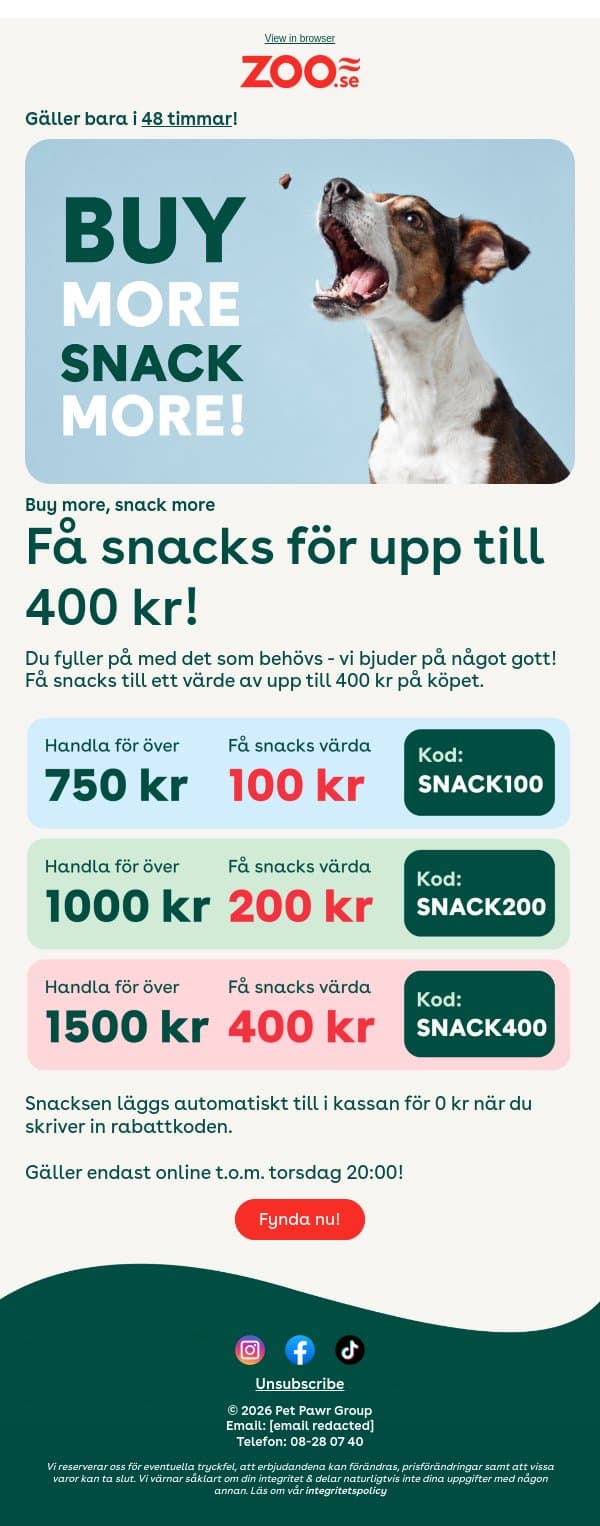 Gratis snacks värde upp till 400 kr? Ja tack! email from Zoo.se screenshot