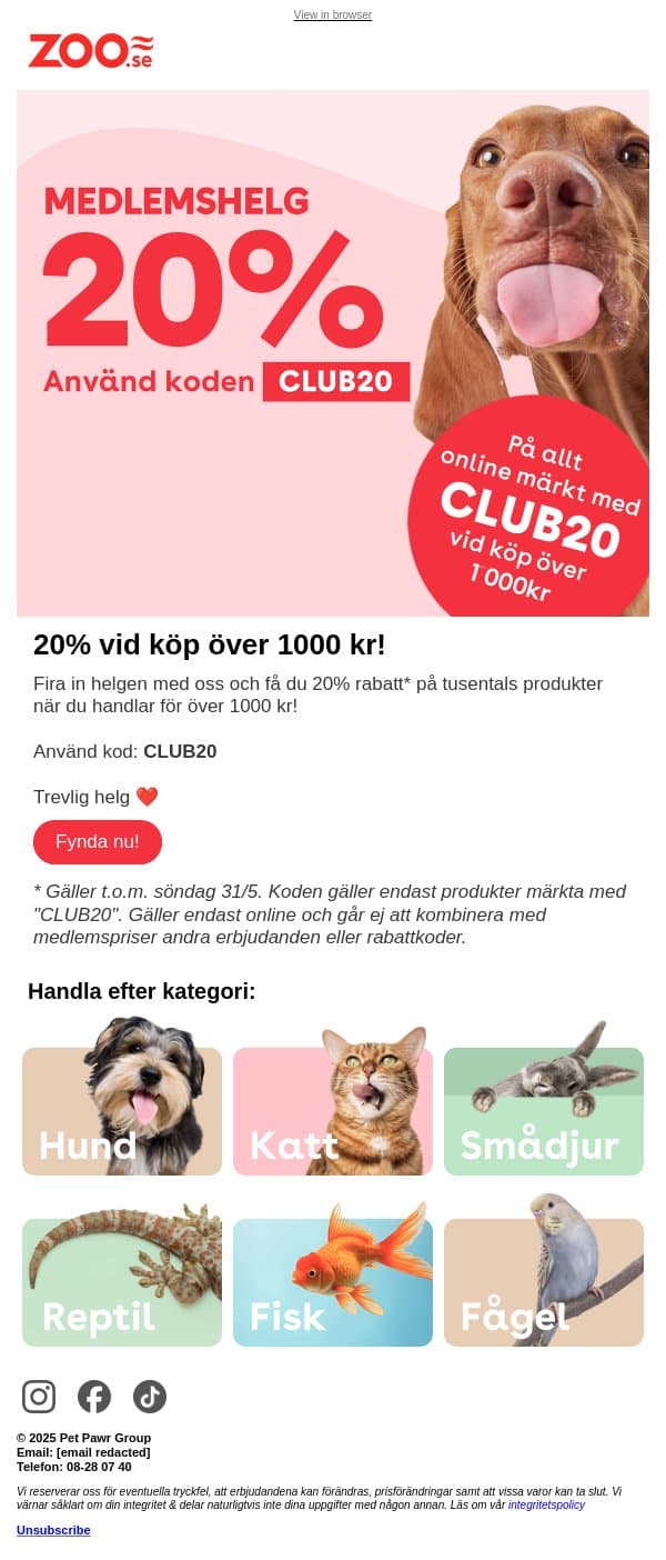 20% vid köp över 1000 kr 🎉 Gäller tusentals produkter! email from Zoo.se screenshot