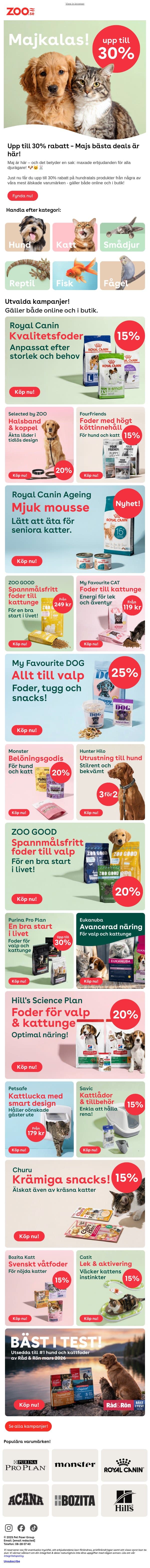 Upp till 30% rabatt 🐾 Majs bästa deals är här! email from Zoo.se screenshot