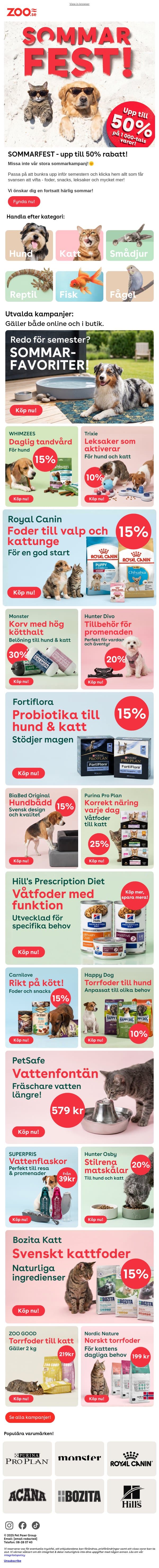 ☀️ SOMMARFEST! Upp till 50% rabatt till ditt husdjur email from Zoo.se screenshot