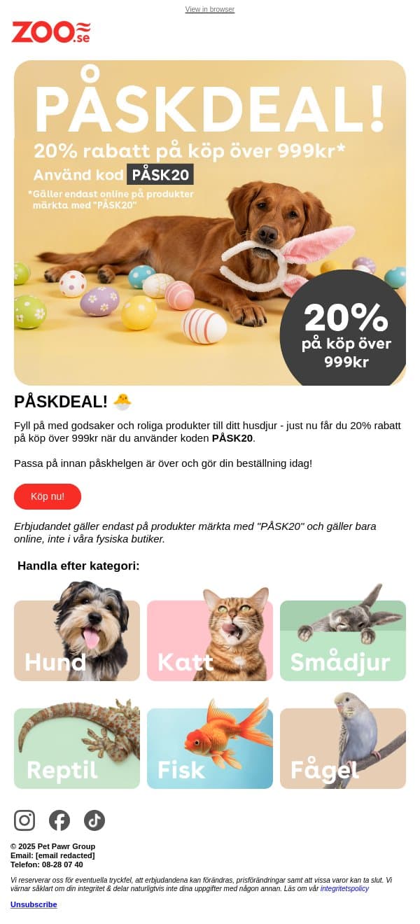 MISSA INTE: 20% rabatt på köp över 999kr! 🐣 email from Zoo.se screenshot