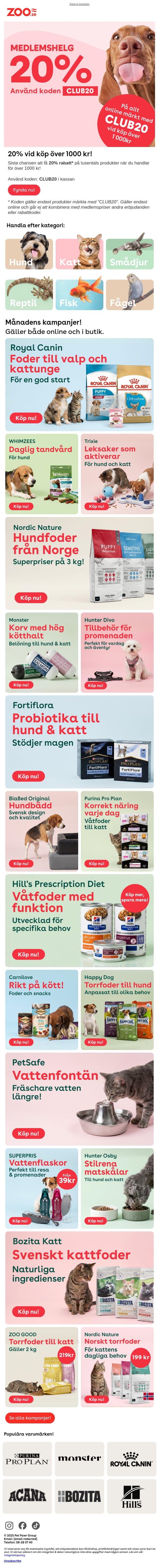 BARA IDAG: 20% vid köp över 1000 kr 🎉 email from Zoo.se screenshot