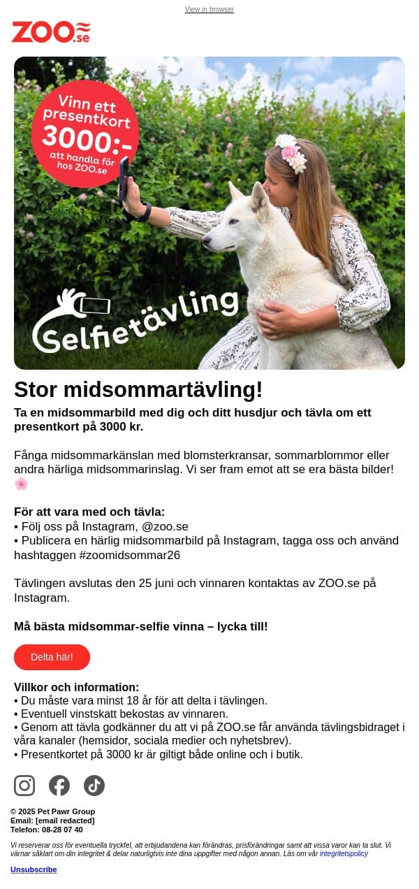 MIDSOMMAR-TÄVLING!💐 Vinn 3000 kr att handla för email from Zoo.se screenshot