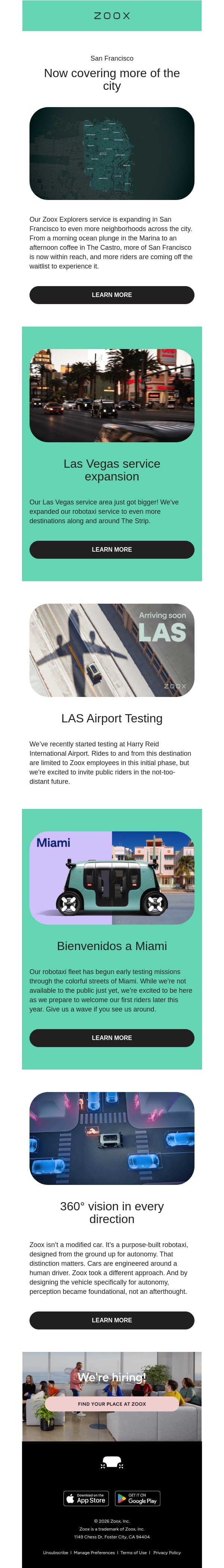 Zoox is now driving from coast to coast email from Zoox screenshot