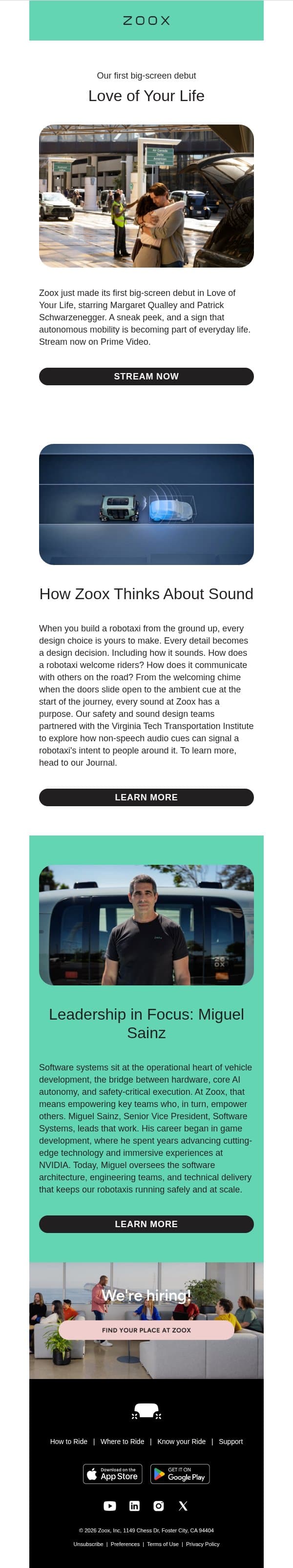 Our first big-screen debut 🎬 email from Zoox screenshot