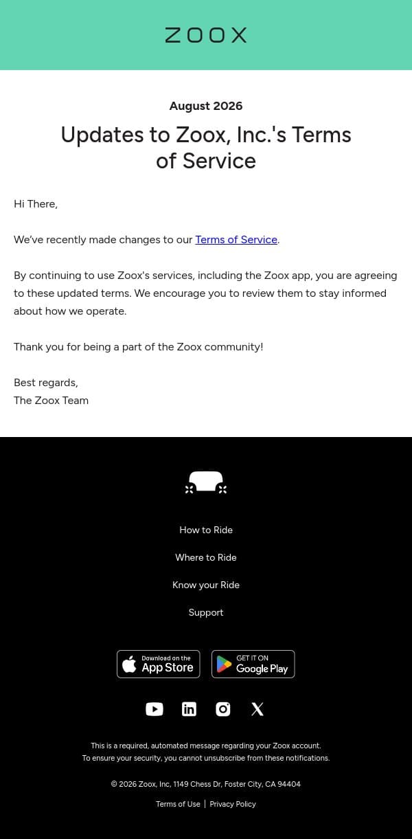 Updates to Zoox, Inc.'s Terms of Service email from Zoox screenshot