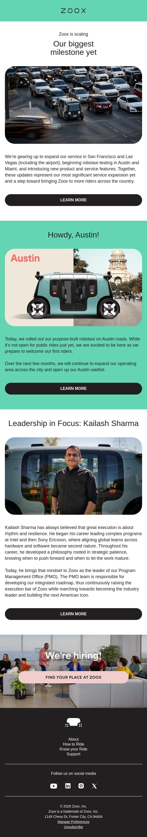 Zoox is expanding! A sneak peek at what’s ahead. email from Zoox screenshot