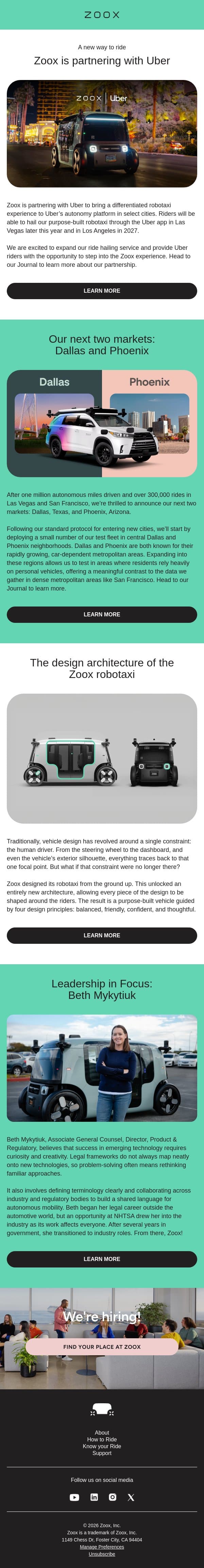 Zoox is partnering with Uber! email from Zoox screenshot