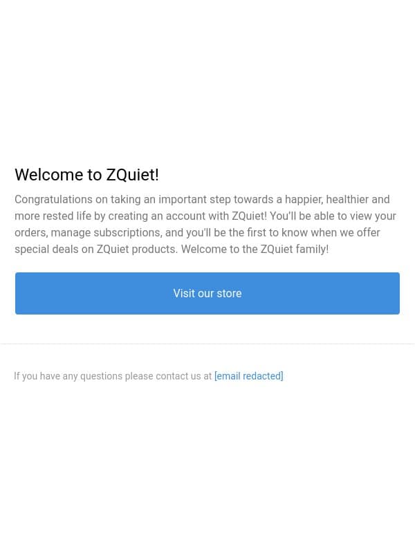 Customer account confirmation email from ZQuiet screenshot