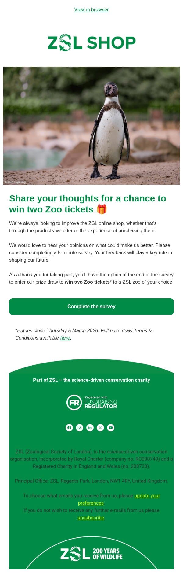Your chance to win a pair of Zoo tickets 🐧🐧 email from ZSL screenshot