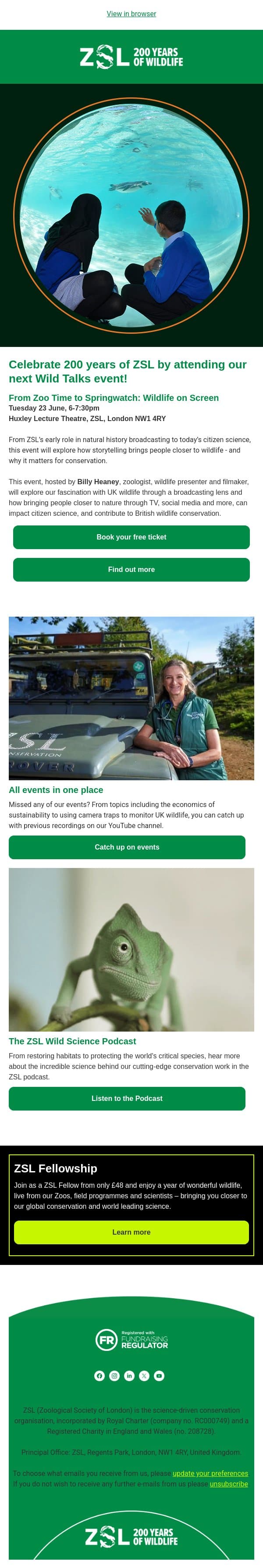 Join our next Wild Talk – Wildlife on Screen email from ZSL screenshot