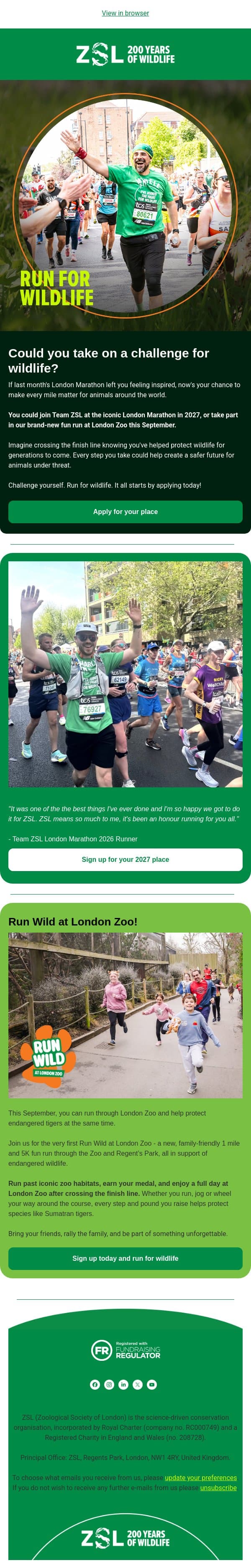 Will you run for wildlife? 🏃 email from ZSL screenshot