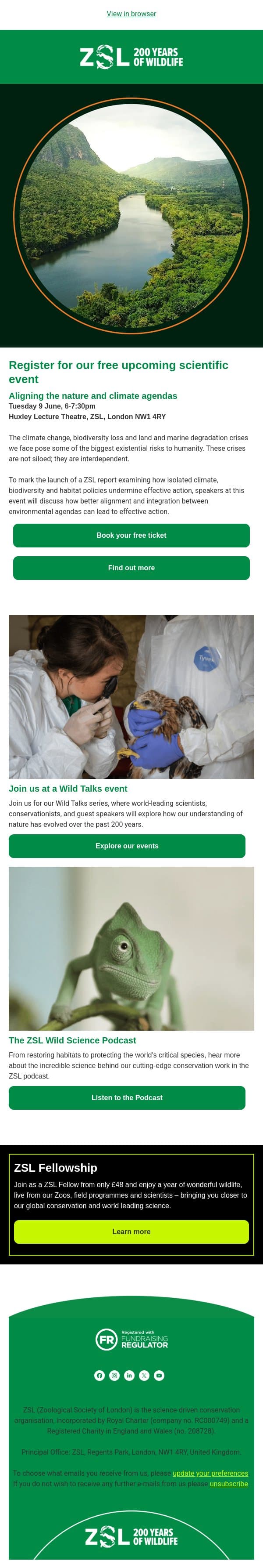 Join our next talk: Aligning the nature and climate agendas 🏔️ email from ZSL screenshot