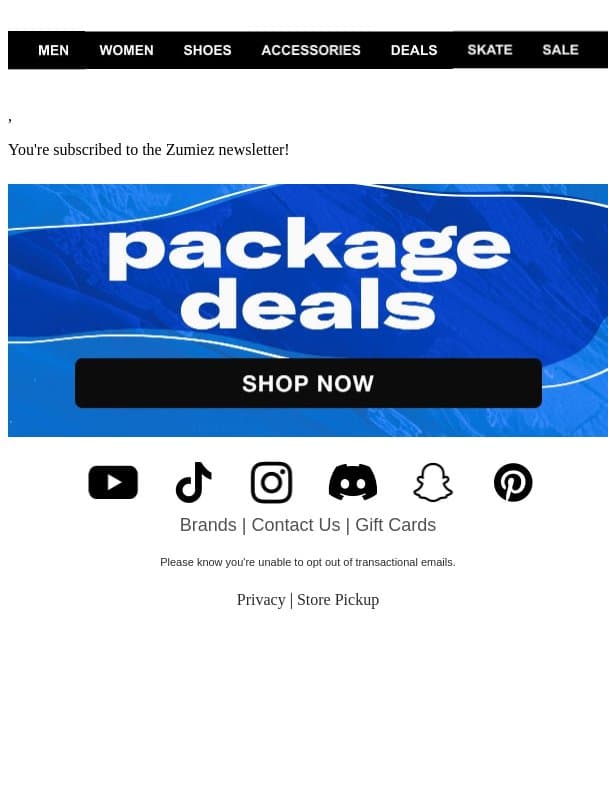 Newsletter subscription success email from Zumiez screenshot