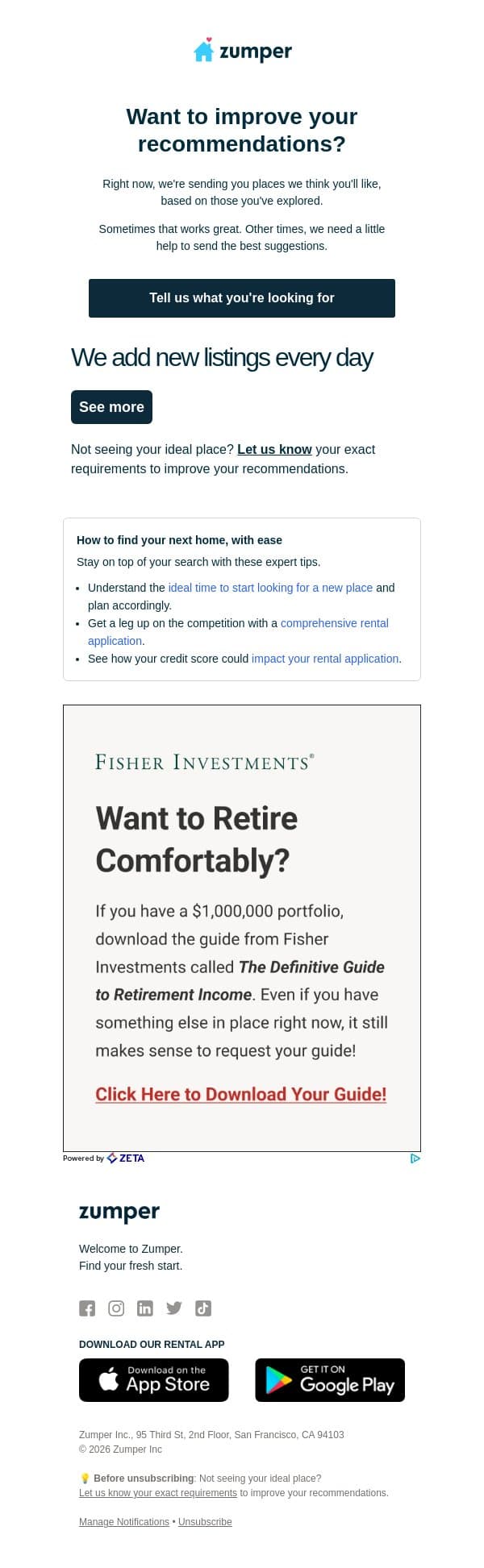 Improve your recommendations email from Zumper screenshot