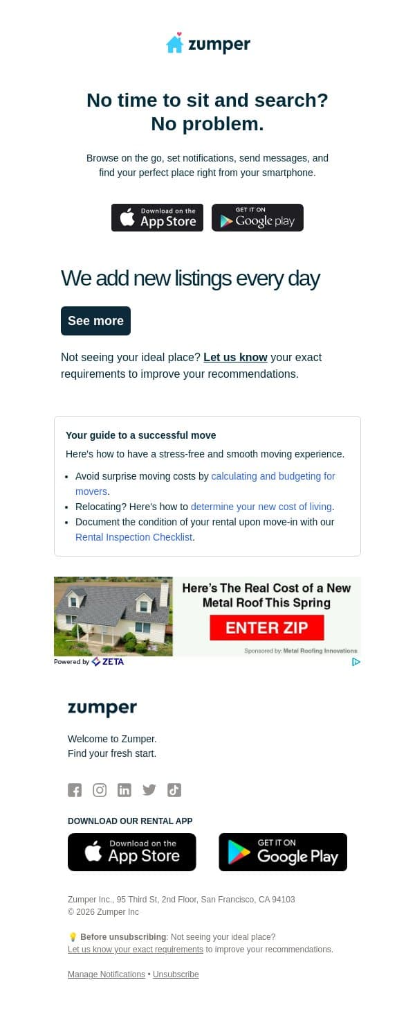 Find your next place with our mobile apps email from Zumper screenshot