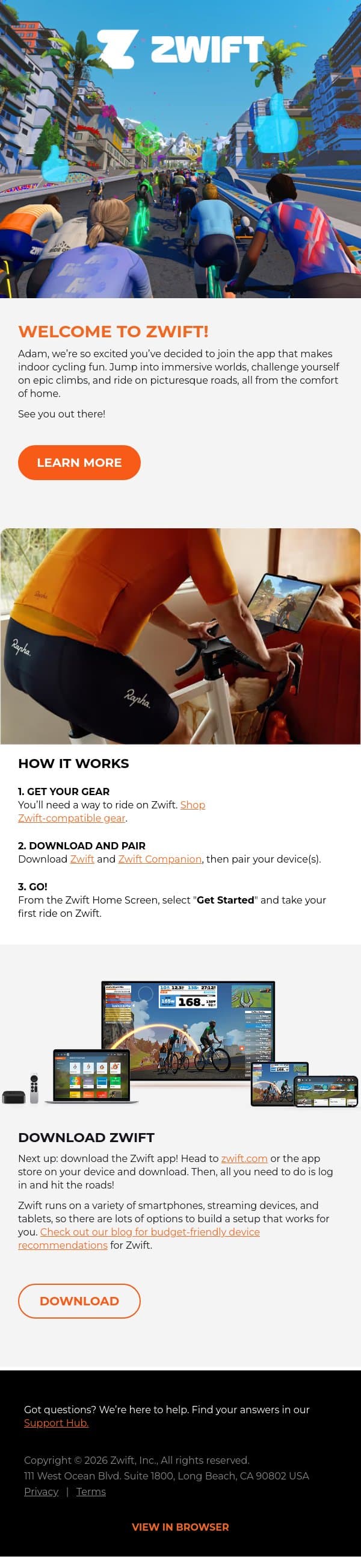 Welcome to Zwift, Adam! email from Zwift screenshot