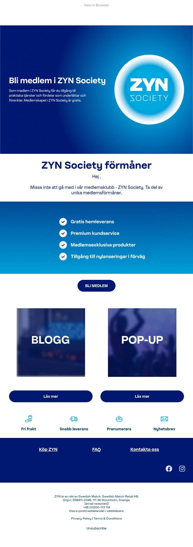 Missa inte vår medlemsklubb email from ZYN screenshot