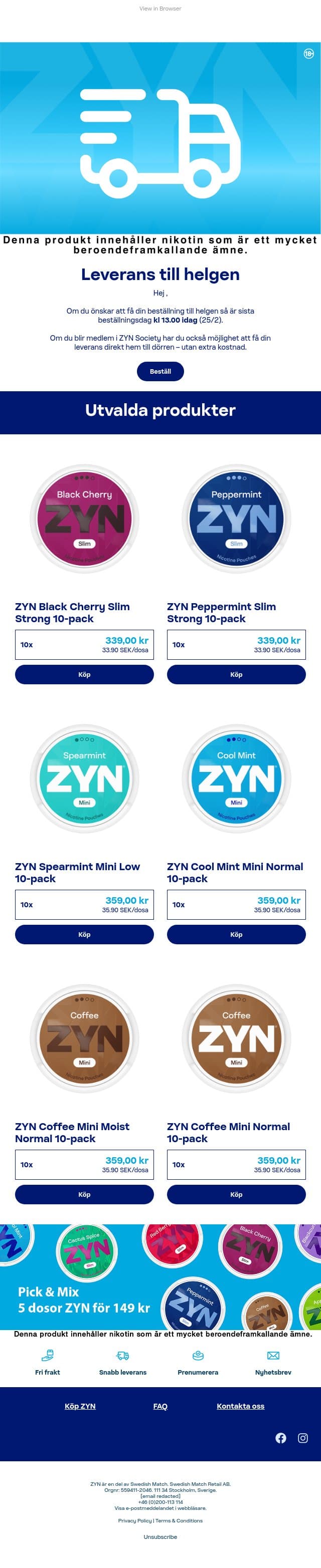 Leverans till helgen email from ZYN screenshot