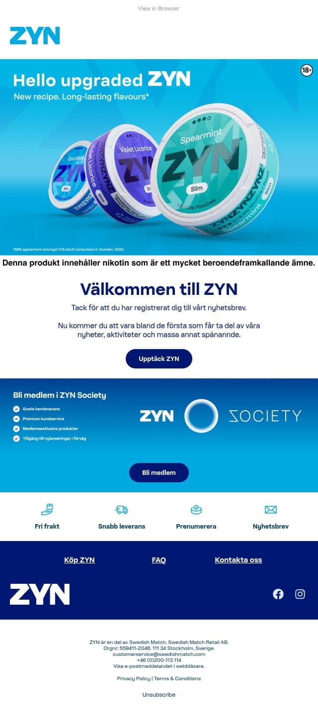 Välkommen till ZYN email from ZYN screenshot