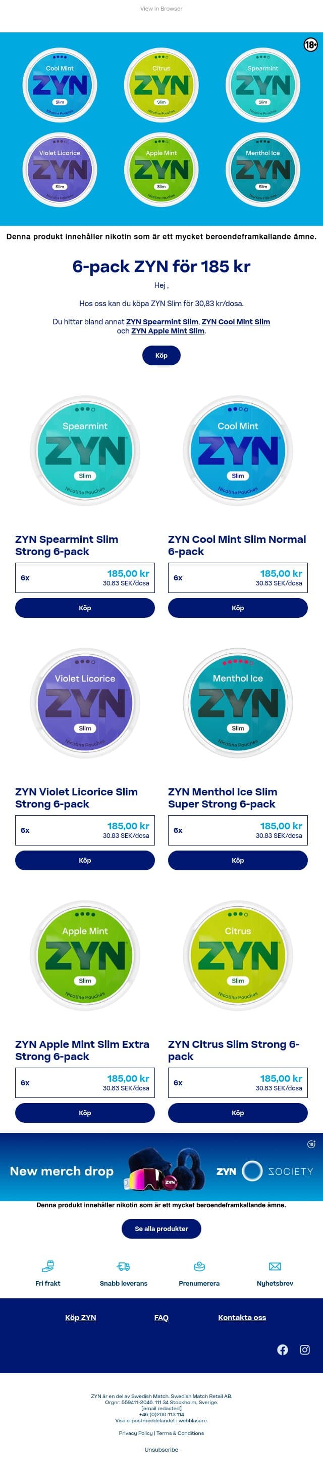 6-pack ZYN för 185 kr email from ZYN screenshot