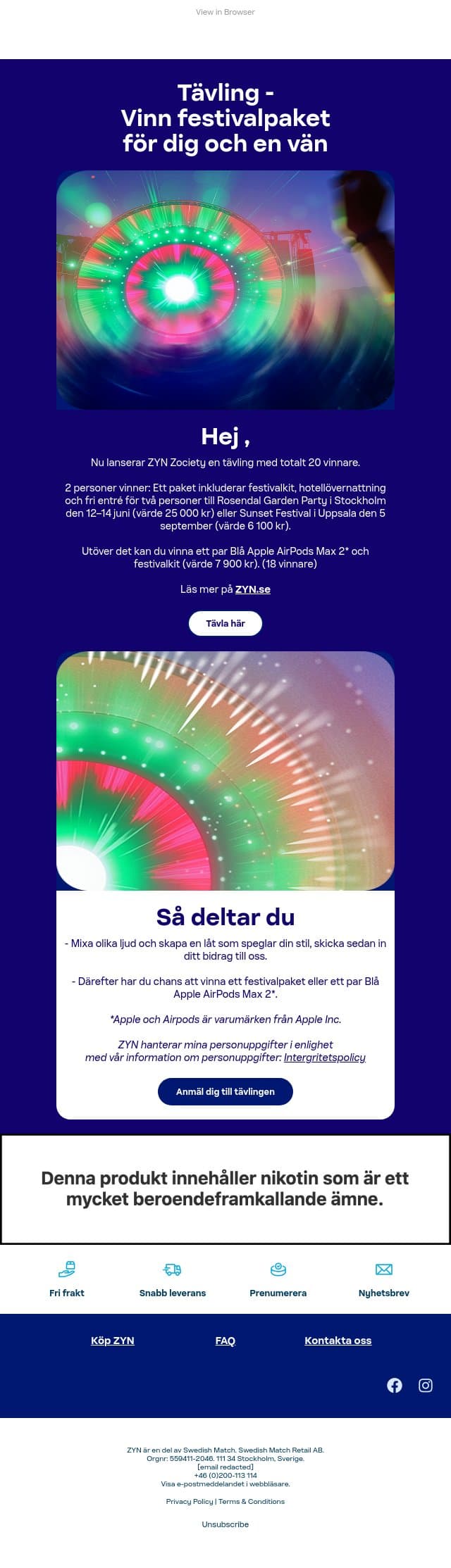 Vinn ett festivalpaket för två email from ZYN screenshot