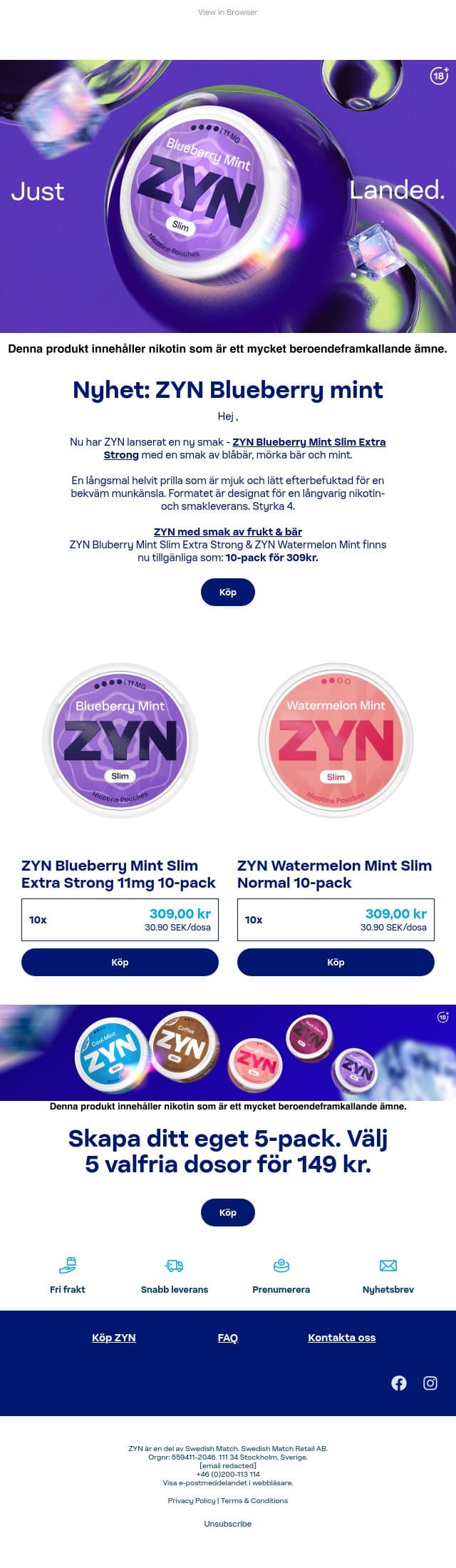 Nyhet i sortimentet – ZYN Blueberry Mint email from ZYN screenshot