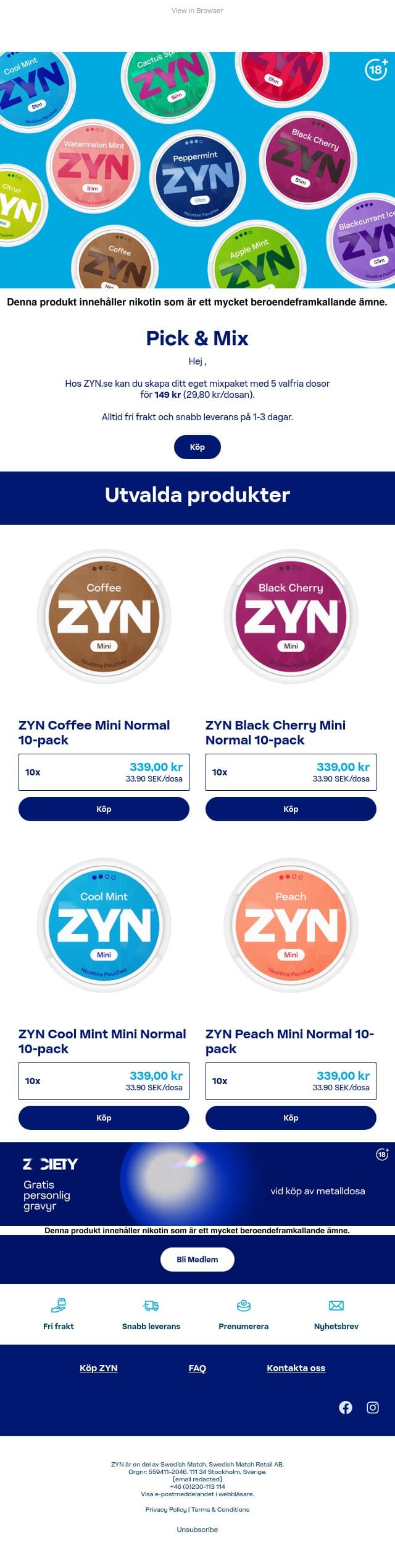 Pick & Mix - 29,80 kr/dosa email from ZYN screenshot