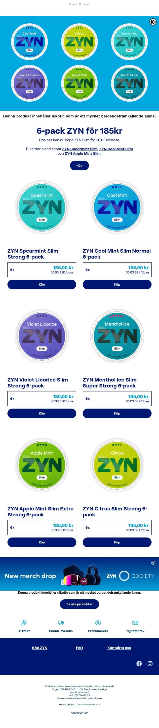 ZYN 6-pack för 185kr email from ZYN screenshot