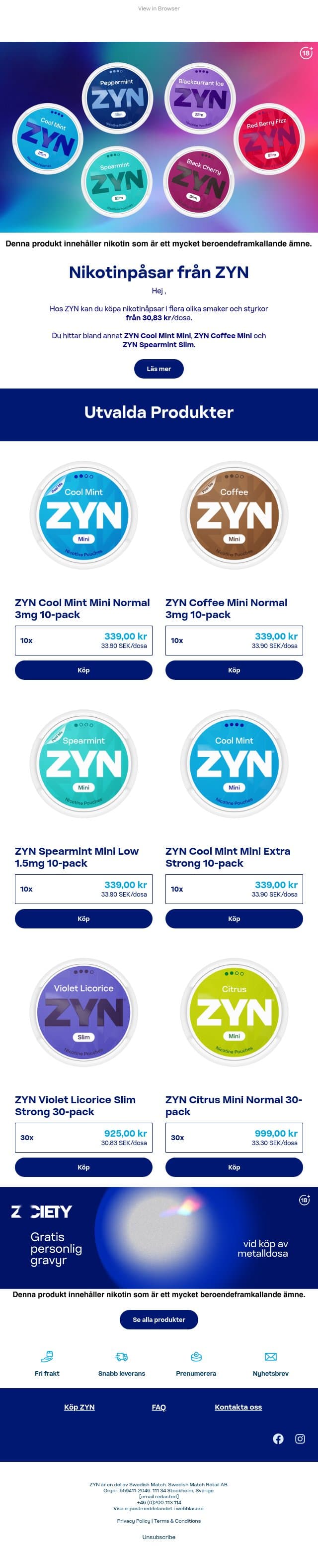 Nikotinpåsar från ZYN email from ZYN screenshot
