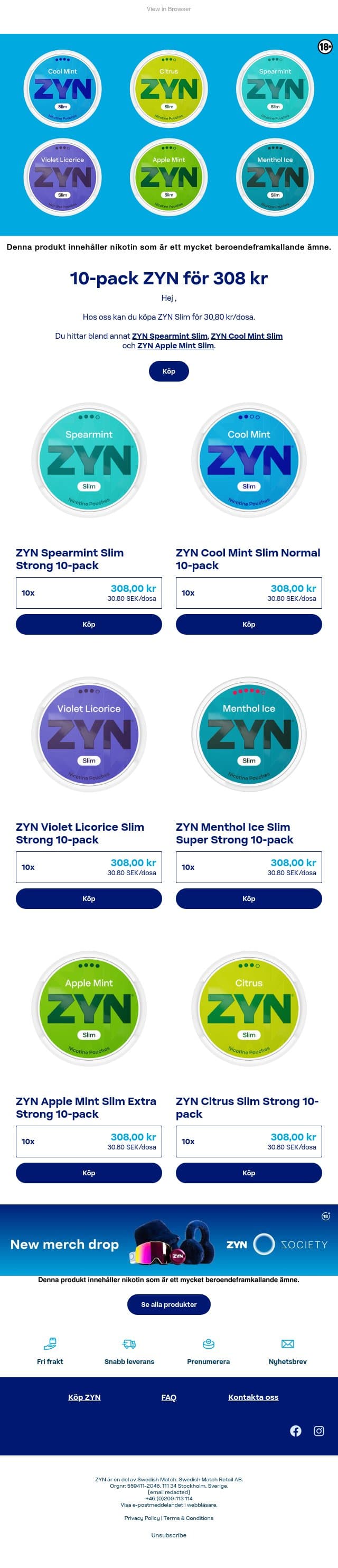 10-pack ZYN för 308 kr email from ZYN screenshot