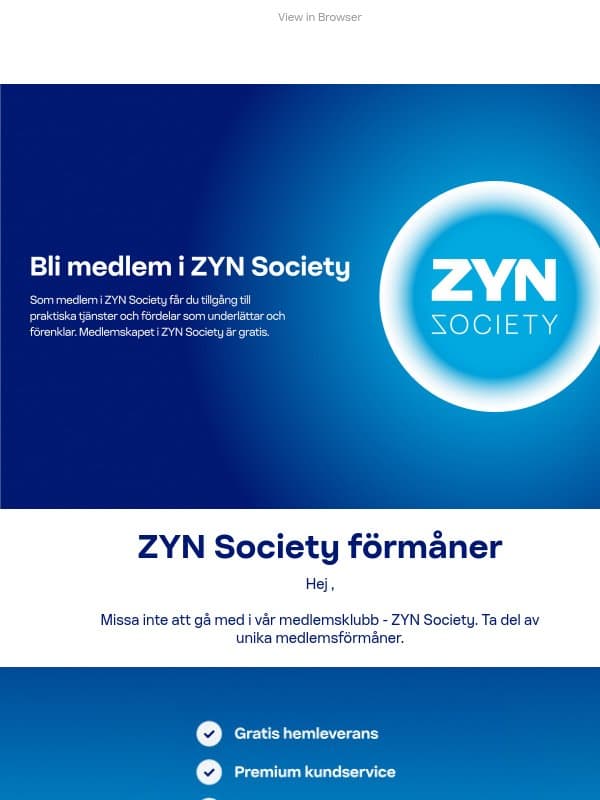 Missa inte vår medlemsklubb email from ZYN